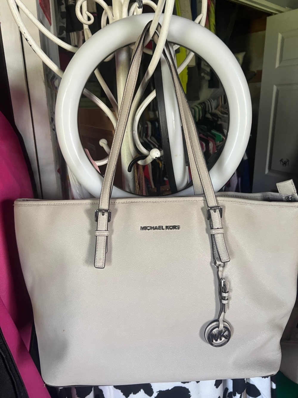 Michael Kors Cream Leather Jet Setter Tote with Hanging MK Charm